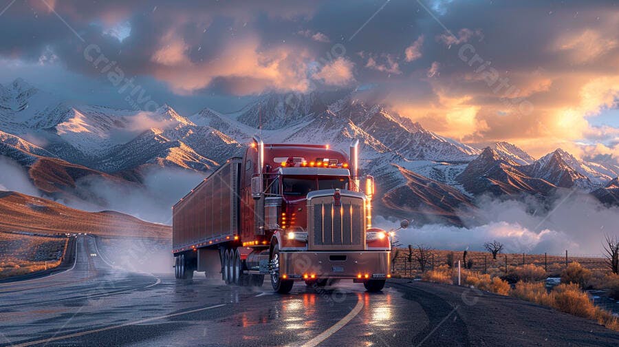Foto Caminhão Vermelho Estrada Montanhas Nevadas Pôr do Sol