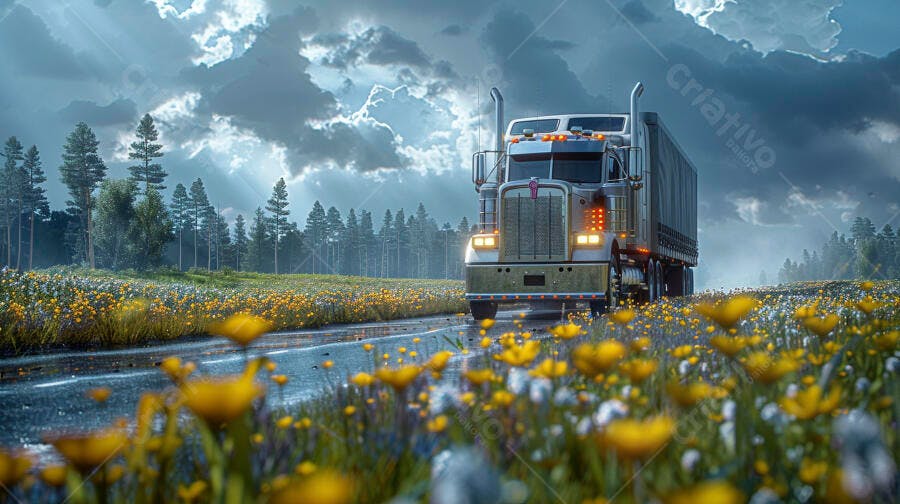 Foto Caminhão na Estrada Campo de Flores Amarelas Céu Nublado