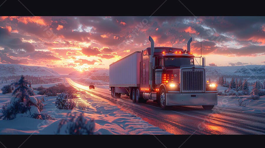 Foto Caminhão na Estrada Nevado Pôr do Sol Inverno