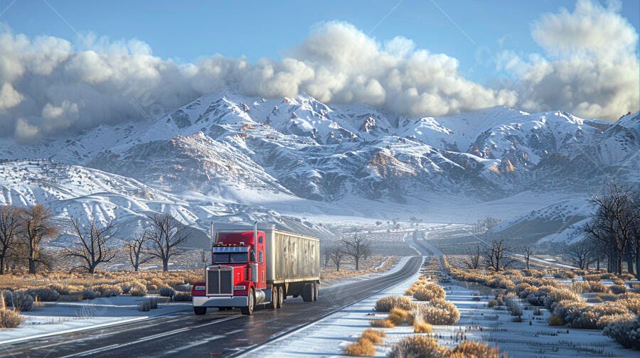 Foto Caminhão Vermelho Estrada Nevada Montanhas Inverno