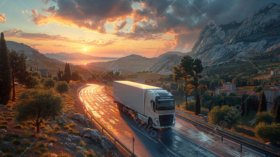 Foto Caminhão Baú Estrada Montanha Pôr do Sol Logística