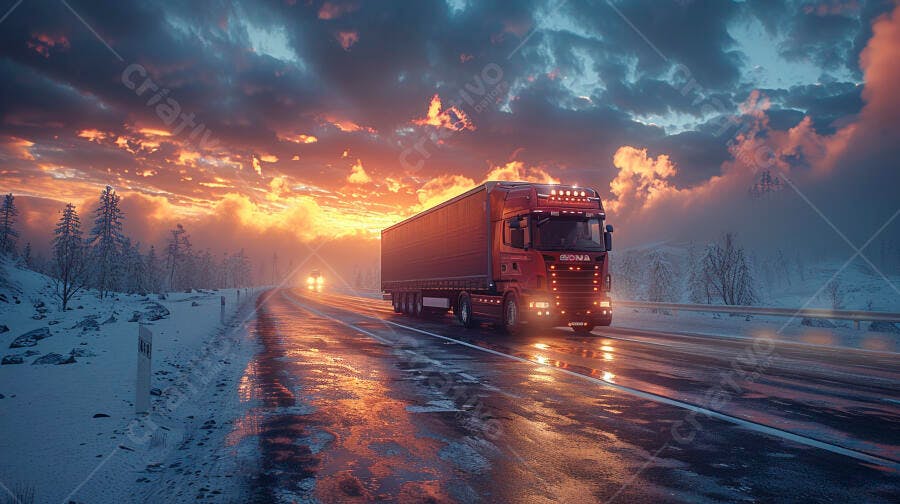 Foto Caminhão Vermelho Estrada Nevada Pôr do Sol Inverno