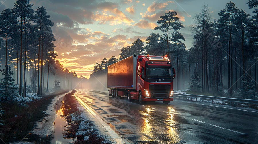Foto Caminhão Vermelho Rodovia Neve Pôr do Sol Inverno