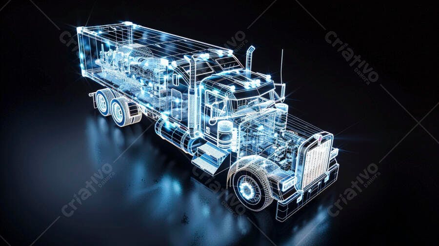 Caminhão Semirreboque Holográfico 3D Tecnologia Azul Fundo Escuro
