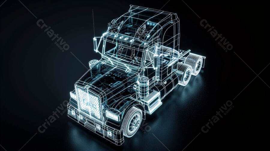 Caminhão semirreboque digital com design wireframe em fundo escuro