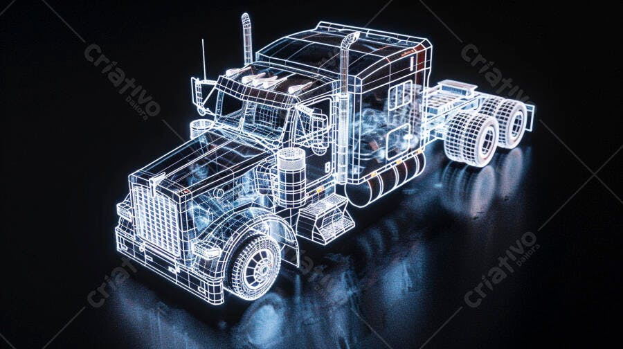 Foto Caminhão Carreta Wireframe Digital 3D Fundo Escuro
