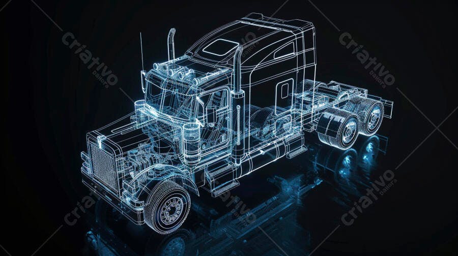 Caminhão Semirreboque Desenho Técnico 3D Fundo Escuro