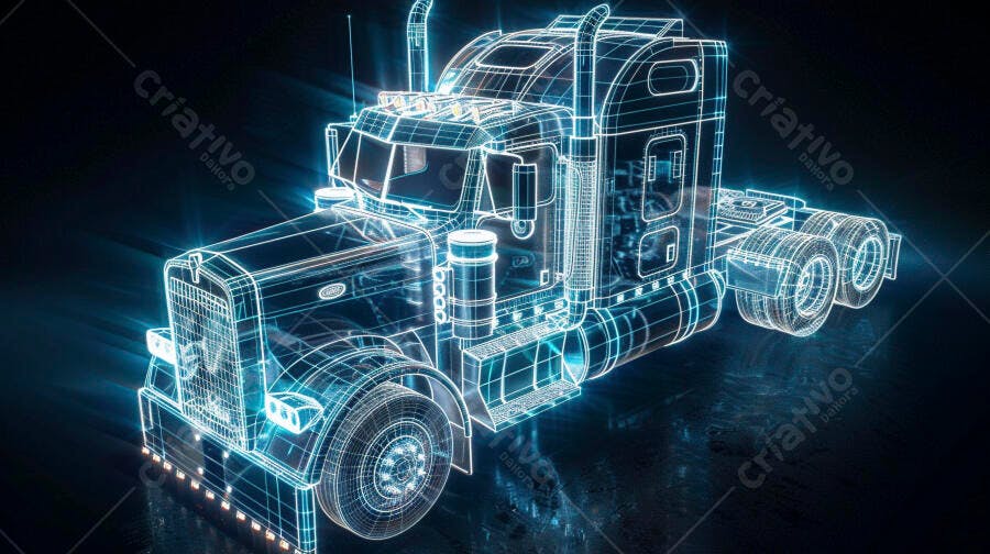 Caminhão Desenho Técnico Wireframe Holográfico Azul Digital