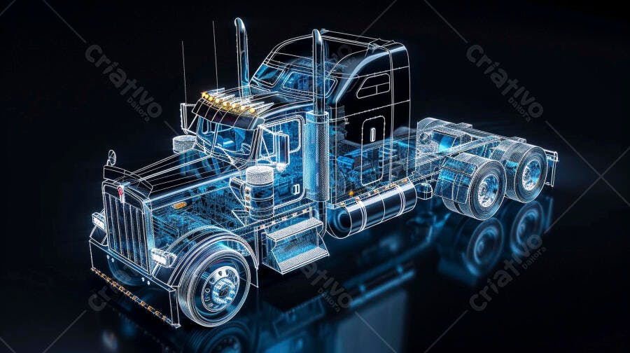 Foto Caminhão Semirreboque Holográfico Tecnologia 3D Fundo Escuro