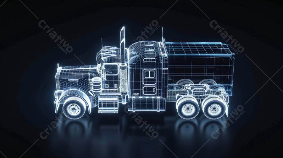 Foto Caminhão Carreta Wireframe Digital Holográfico Fundo Escuro
