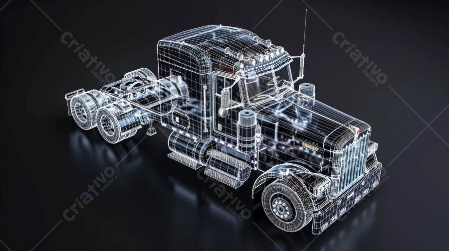 Caminhão trator 3D wireframe digital com brilho azul em fundo escuro