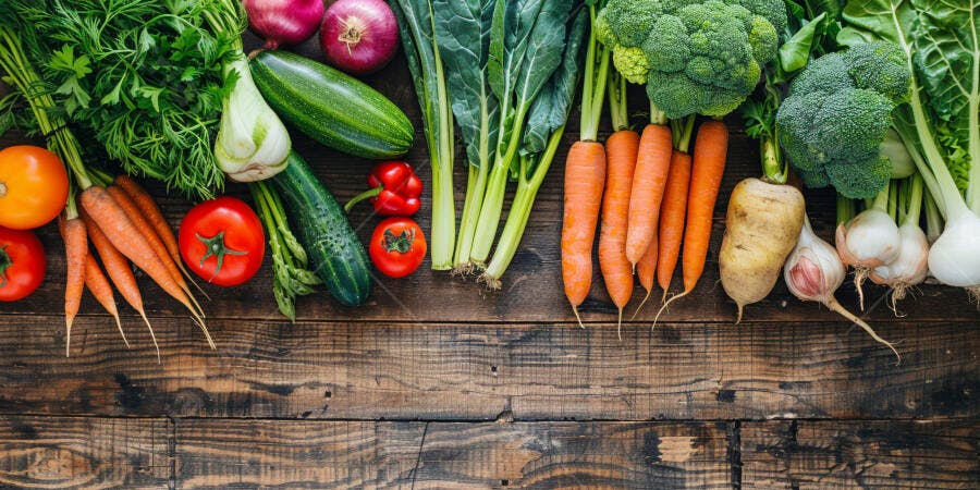 Foto Legumes e Verduras Frescos Orgânicos Mesa Rústica
