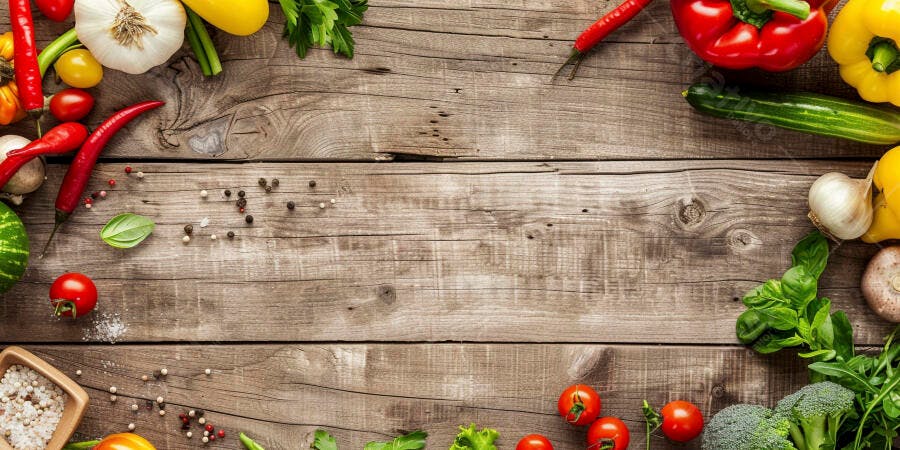 Foto Flat Lay Vegetais Frescos Ervas Especiarias Fundo Madeira