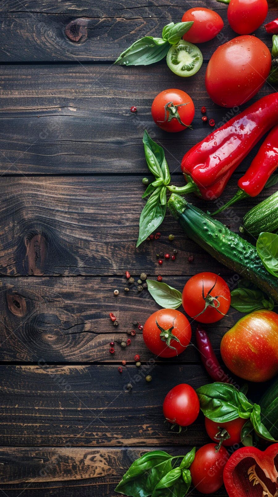 Foto Vegetais Frescos Tomates Pimentões Pepino Manjericão Rústico
