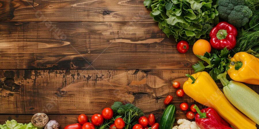 Foto Legumes Frescos Variados Mesa Madeira Rústica Flat Lay