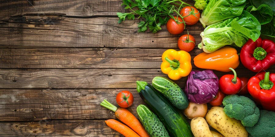 Foto Legumes e Verduras Frescas Variadas Fundo Madeira Rústica