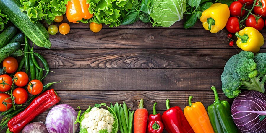 Foto Legumes e Verduras Frescos Fundo Madeira Rústica