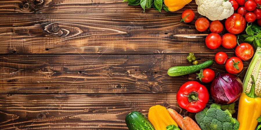 Foto Legumes e Verduras Frescos Fundo Madeira Rústica