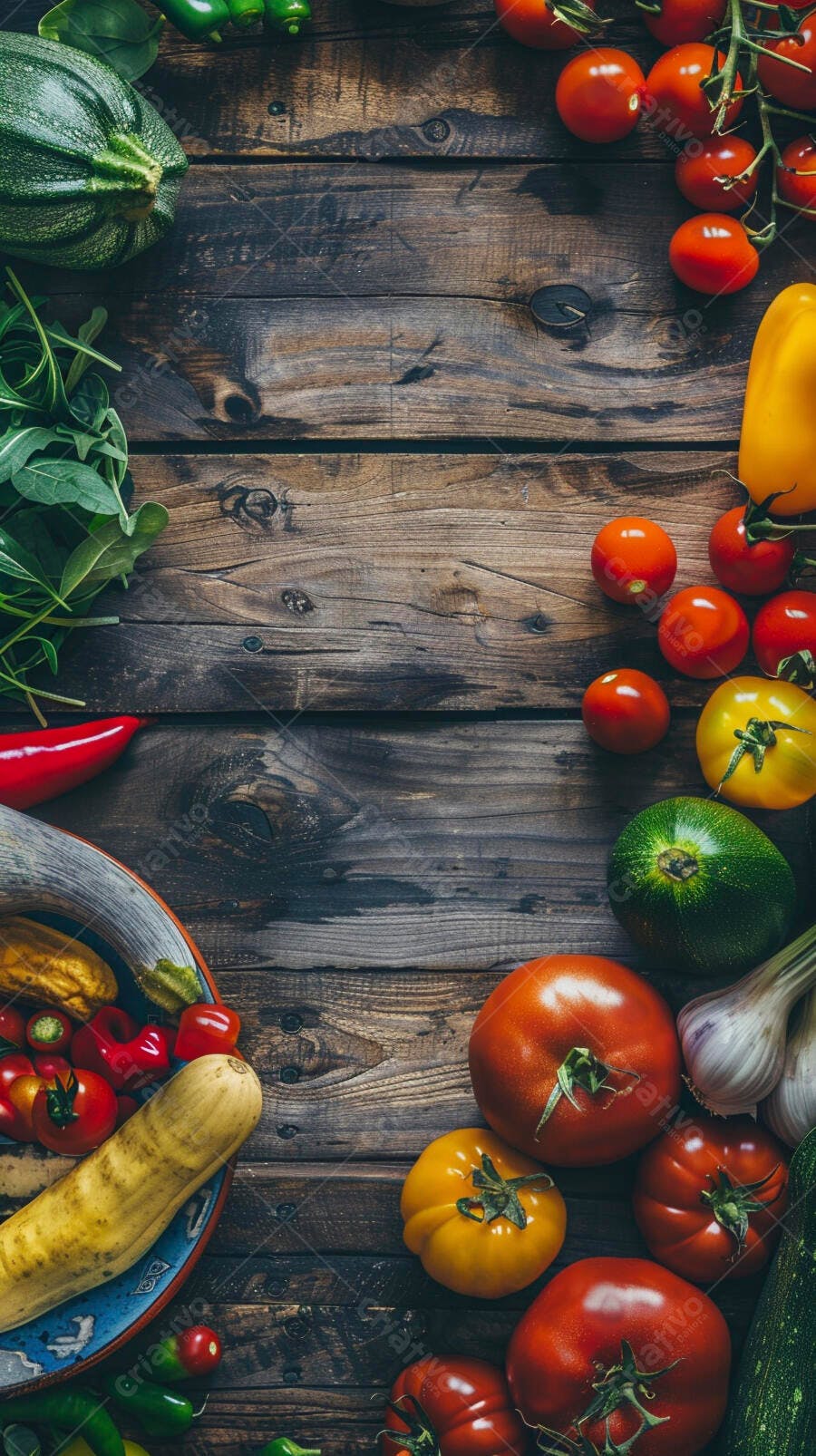 Foto Legumes Frescos Orgânicos Tomates Abobrinha Alho Mesa Rústica