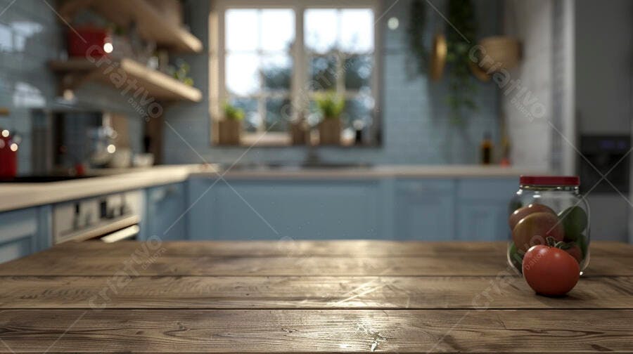 Foto Bancada de Cozinha Rústica Vazia com Janela Fundo Desfocado