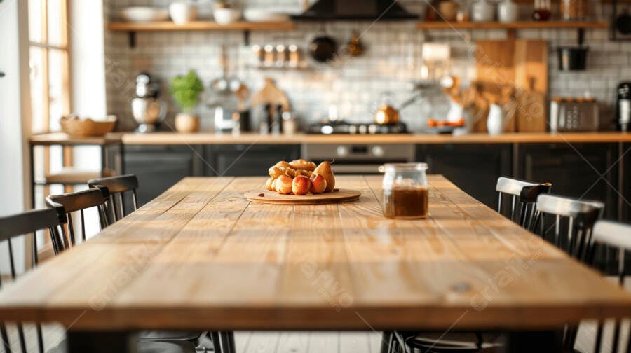 Foto Cozinha Moderna Rústica Mesa de Madeira com Pães Frescos