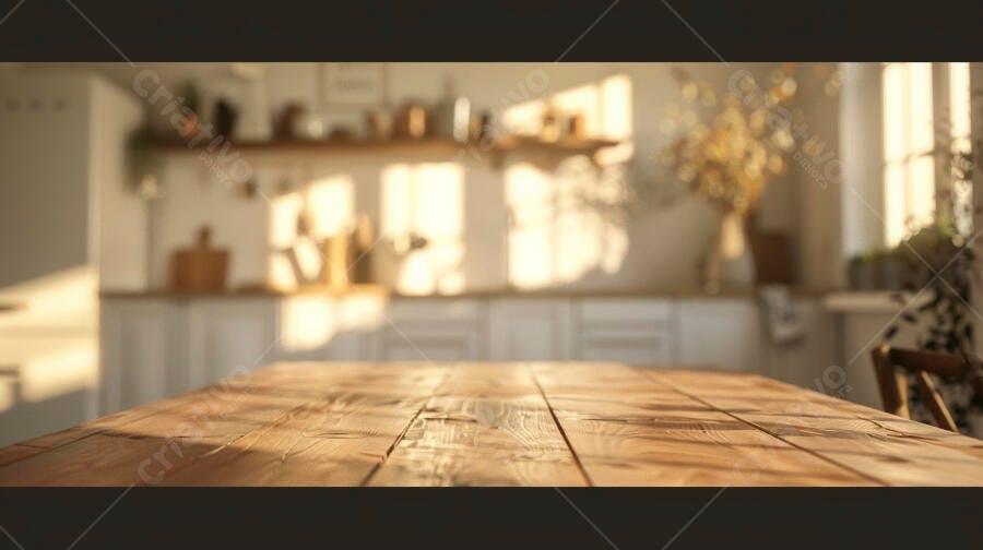 Foto Mesa de Madeira Vazia Cozinha Iluminada Sol Manhã