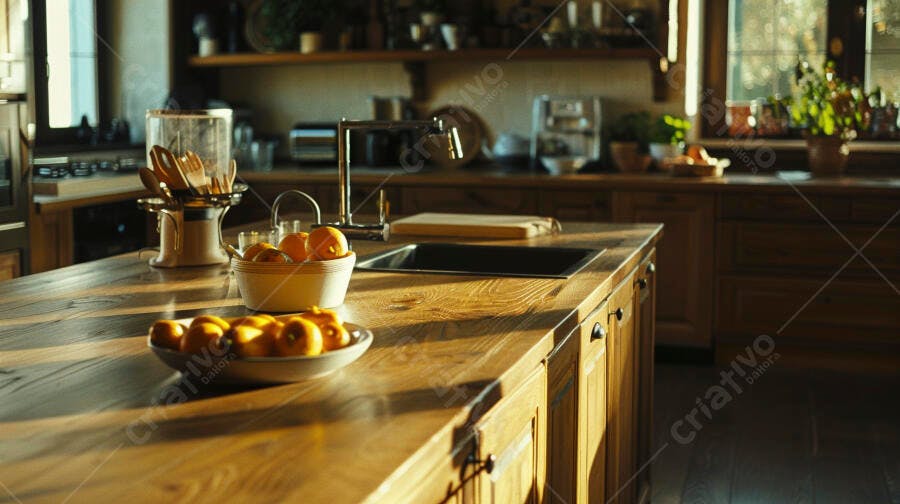 Foto Cozinha Moderna Ilha Central Frutas Luz Dourada