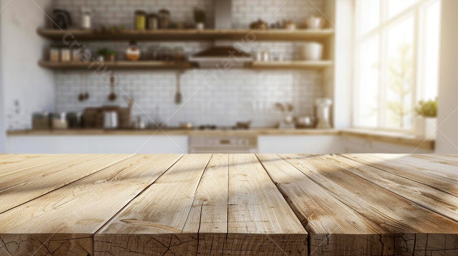 Foto Mesa de Madeira Vazia Cozinha Moderna Iluminação Natural