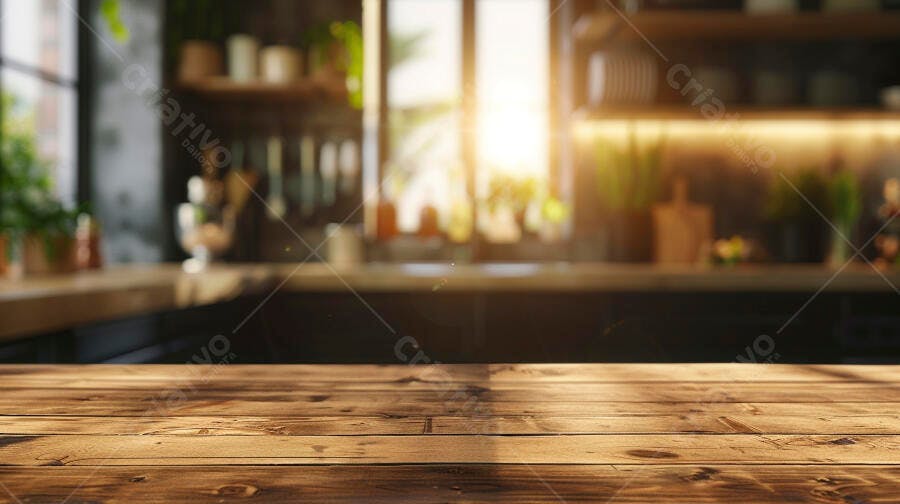 Foto Bancada de Madeira Cozinha Moderna Fundo Desfocado Luz Solar