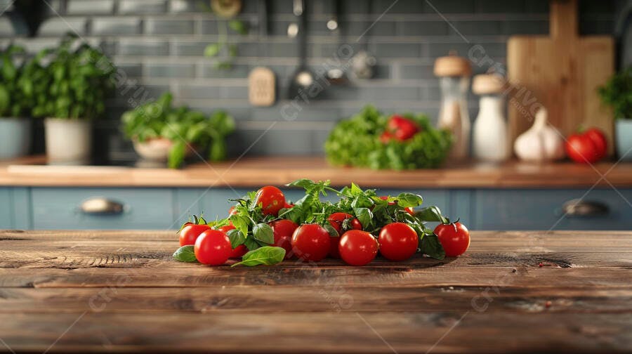 Foto Tomates Cereja Frescos Manjericão Cozinha Rústica