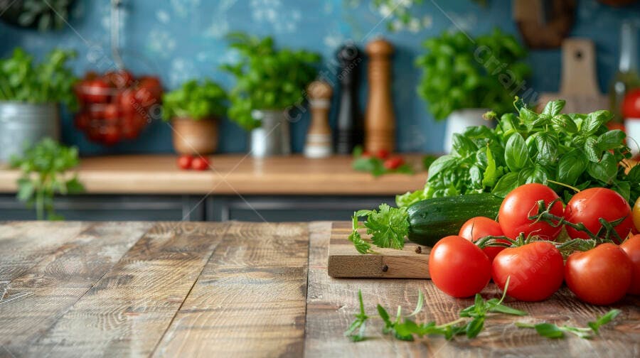 Foto Legumes Frescos Mesa de Madeira Cozinha Saudável