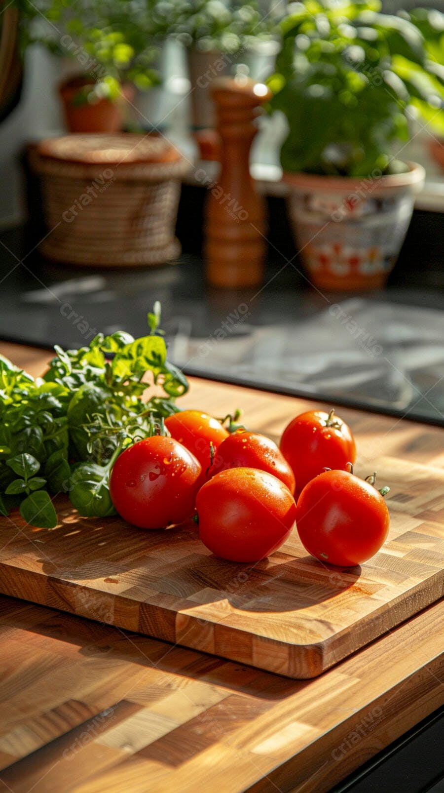 Foto Tomates Frescos Manjericão Tábua de Madeira Cozinha