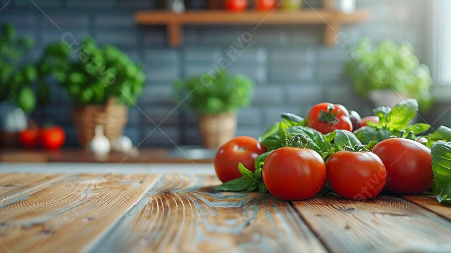 Foto Alimentos Tomates Manjericão Cozinha Rústica Frescos