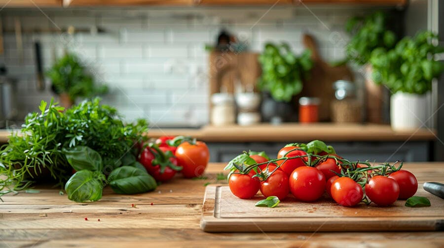 Foto Tomates Cereja Frescos Ervas Verdes Cozinha Rústica