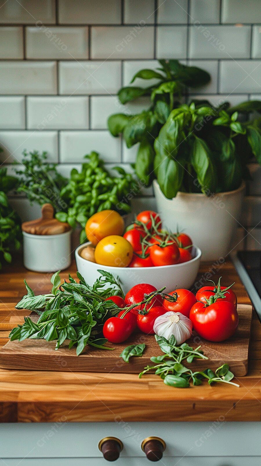 Foto Ingredientes Frescos Cozinha Tomates Manjericão Alho