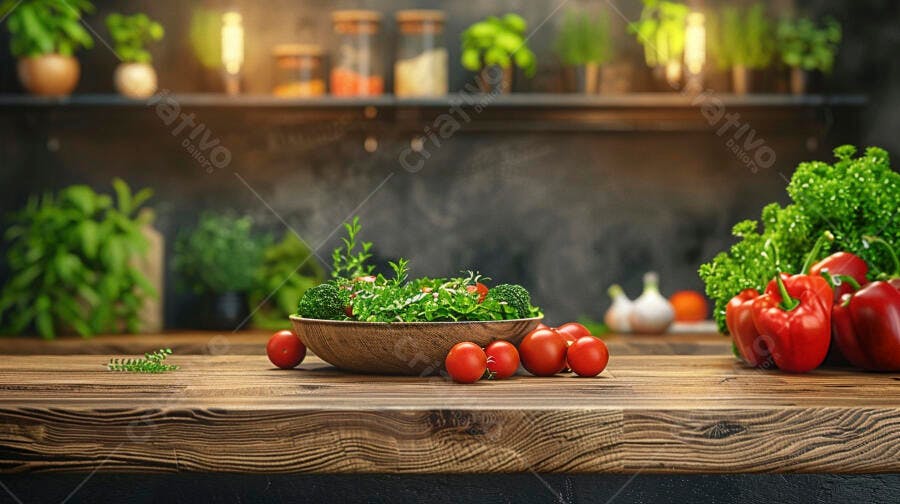 Foto Ingredientes Frescos Salada Tomate Brócolis Cozinha Rústica