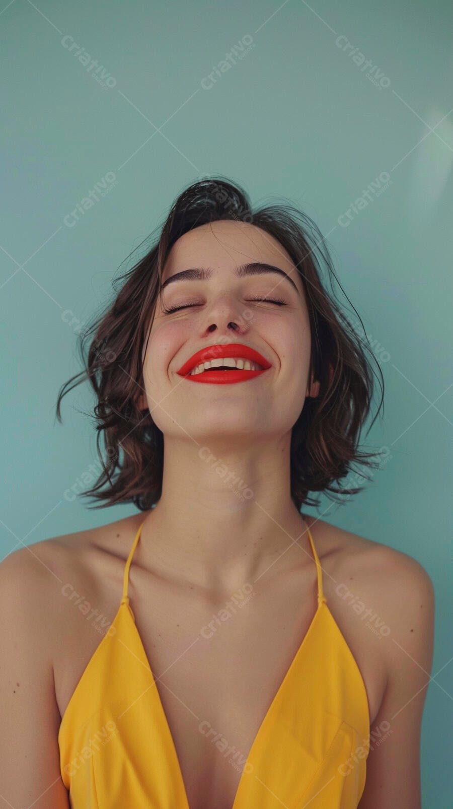 Foto Mulher Jovem Sorrindo Olhos Fechados Fundo Azul Claro