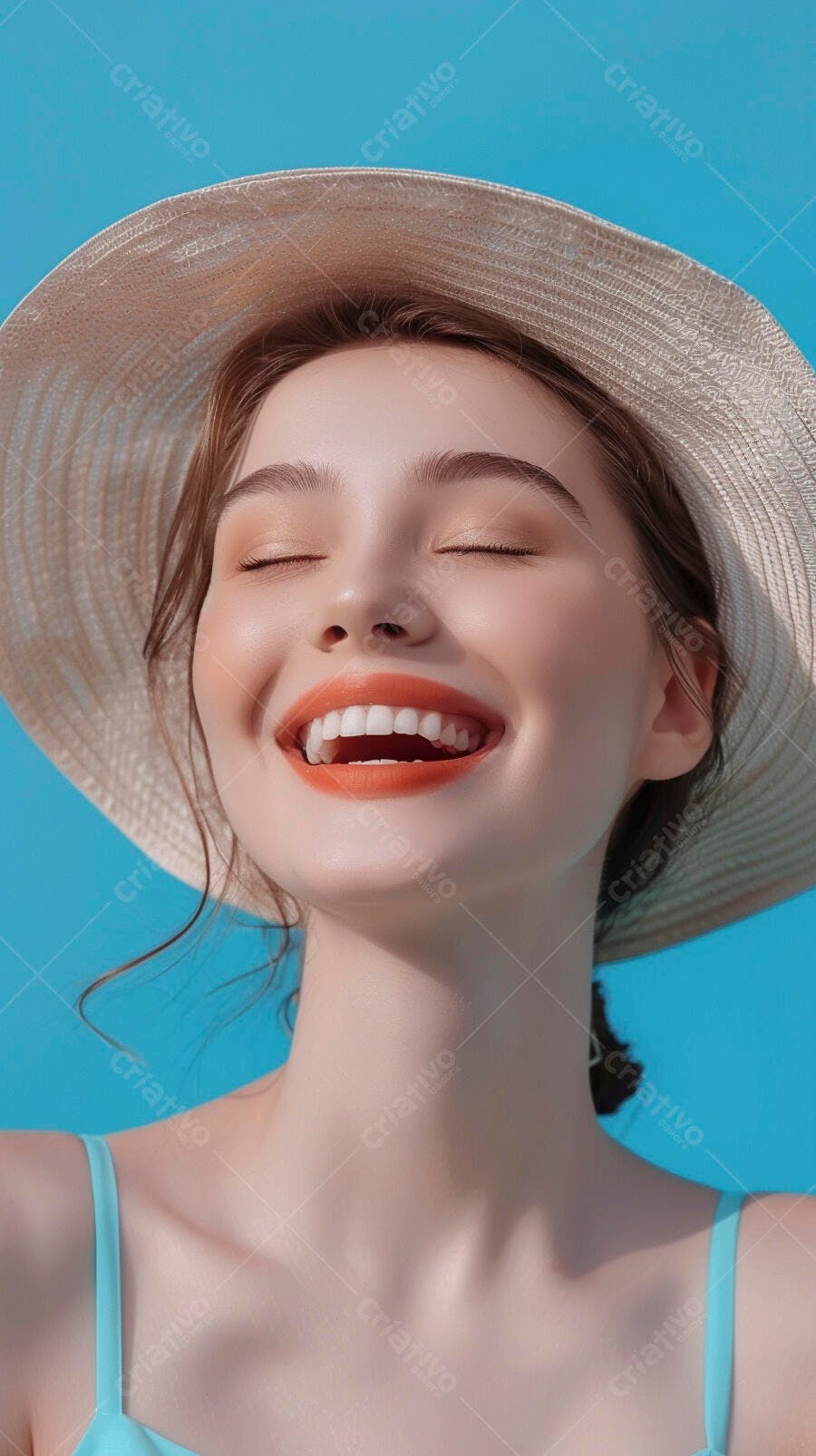 Foto Mulher Sorrindo Chapéu de Praia Verão Fundo Azul