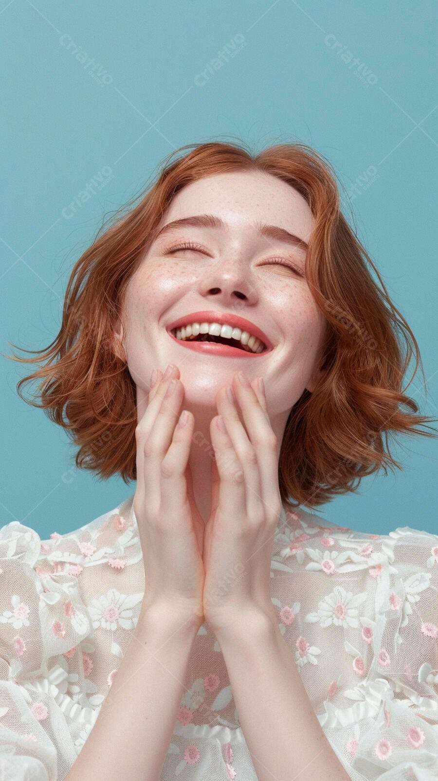 Foto Mulher Ruiva Sorrindo com Sardas Fundo Azul Claro