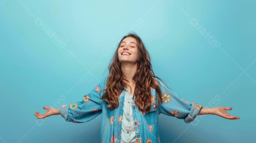 Foto Mulher Jovem Sorrindo Braços Abertos Fundo Azul Estúdio