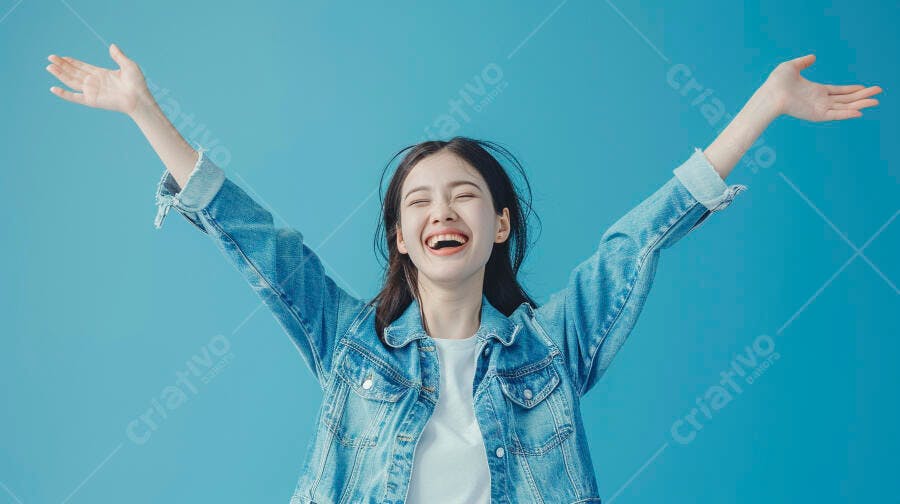 Foto Mulher Jovem Asiática Feliz Braços Abertos Fundo Azul