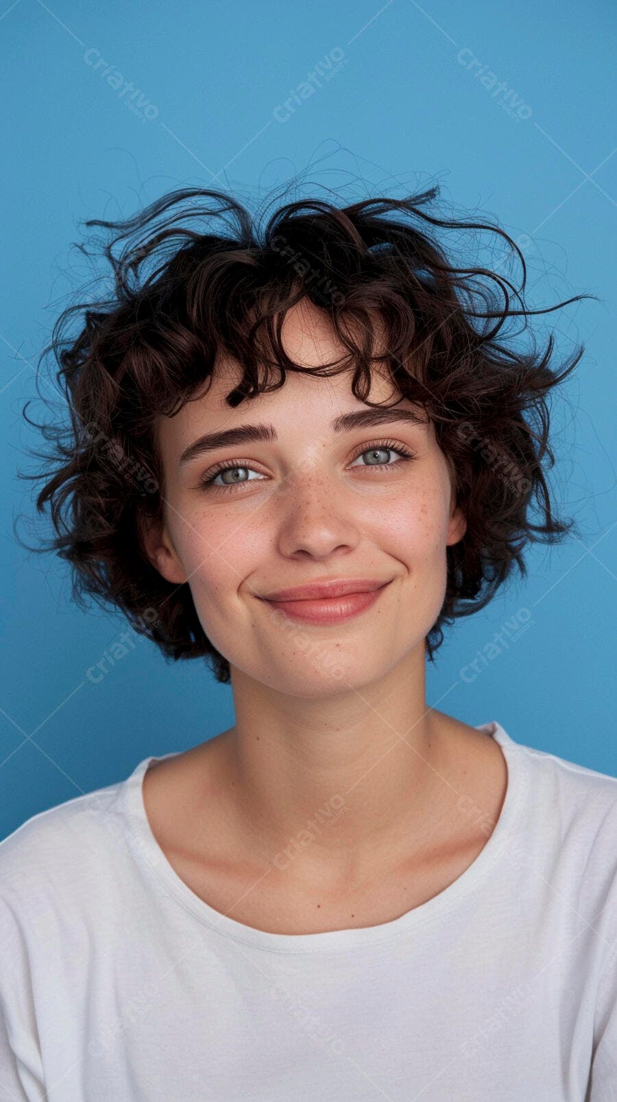 Foto Retrato Mulher Jovem Sorrindo Cabelo Cacheado Fundo Azul