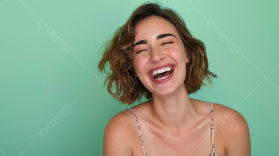 Foto Mulher Jovem Sorrindo Gargalhando Fundo Verde Menta