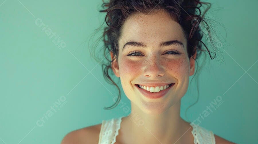 Foto Retrato Mulher Jovem Sorrindo Olhando para Câmera Fundo Verde Água