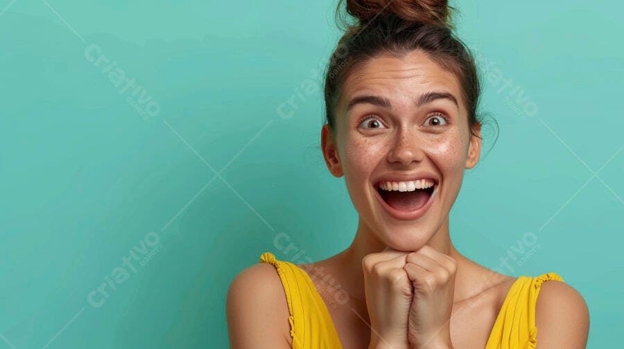 Foto Mulher Jovem Surpresa Expressão Facial Feliz Fundo Verde Água
