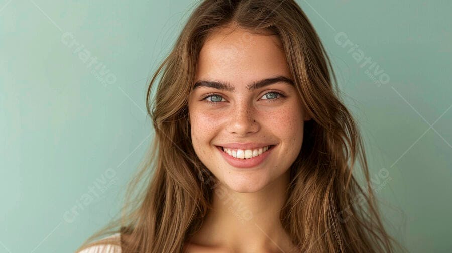 Mulher jovem sorrindo com olhos azuis e sardas em fundo verde-água alegre
