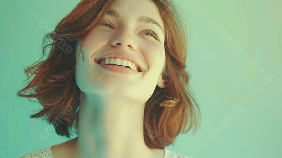 Mulher ruiva jovem sorrindo feliz em fundo verde claro