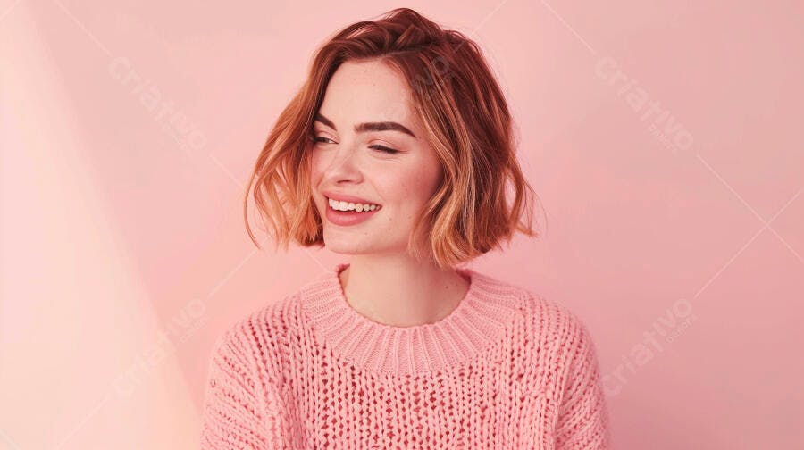 Foto Mulher Jovem Ruiva Sorrindo Fundo Rosa Estúdio