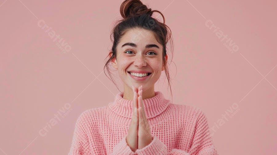 Foto Mulher Jovem Sorrindo Mãos Juntas Fundo Rosa Estúdio