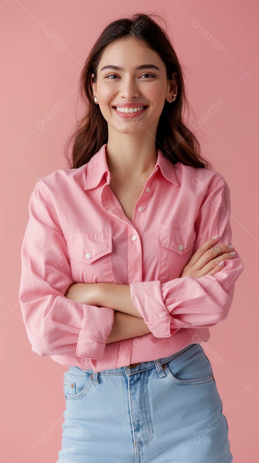 Foto Mulher Jovem Sorrindo Braços Cruzados Fundo Rosa